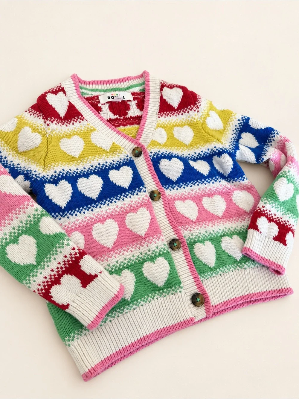 Mini Boden Kids Flora Fun V-Neck Cardigan Rainbow Hearts Knit Sweater Size 5-6Y